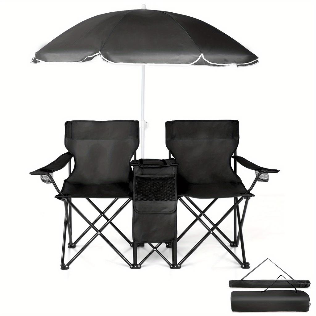 Double Fishing Chair with Umbrella, Oxford Fabric Outdoor Beach Chair, 187.39 lbs Load Capacity for Patio, Beach and Fishing