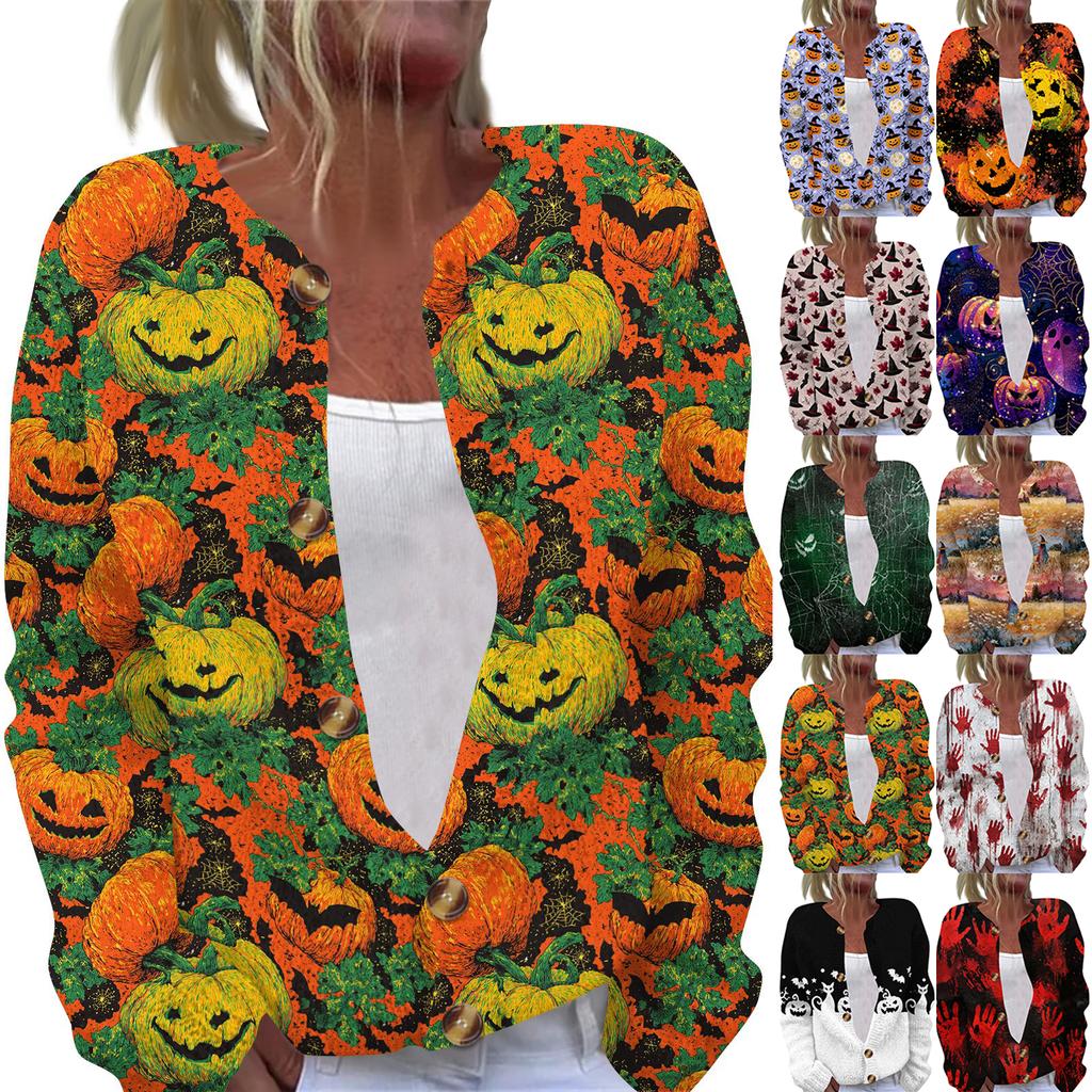 Women's Halloween Print Long Sleeve Knit Cardigan Button Front