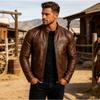 Herren Schlanke Passform Stehkragen PU-Leder Biker Punk Jacke Lässige Leder Oberbekleidung