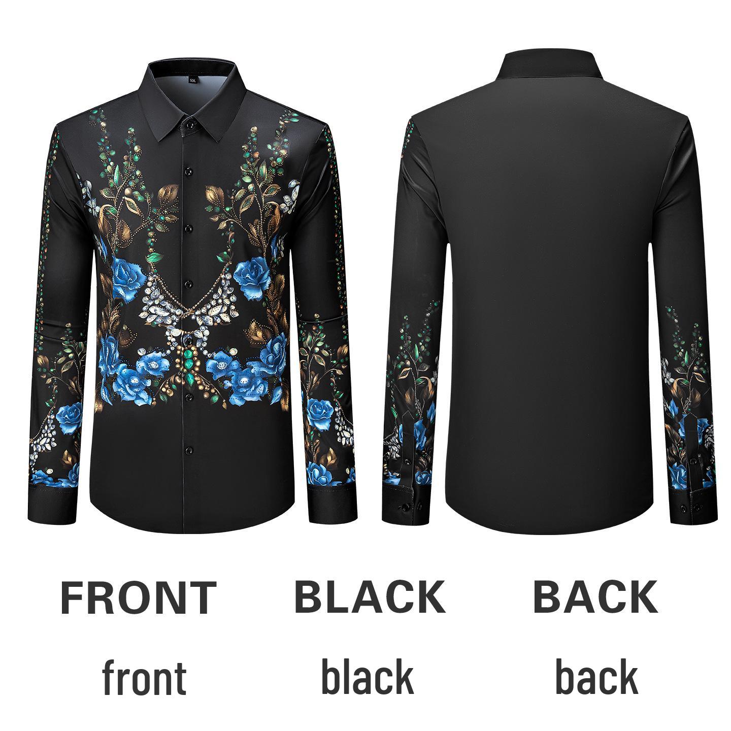 

Мужская роскошная рубашка с длинным рукавом, 3D-печать, синяя роза, стразы XXXL (80-85kg) чёрный