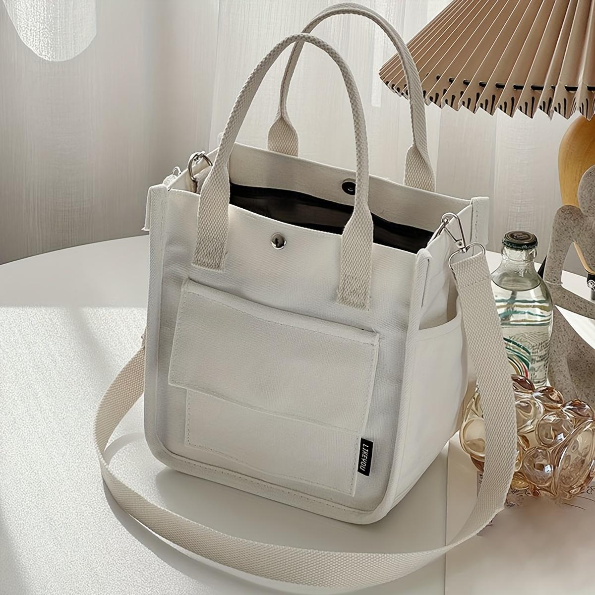 

1 шт.-Мини холщовая сумка-тоут с верхней ручкой, сумка-кроссбоди с несколькими карманами, портативная сумка для хранения ланч-бокса белый