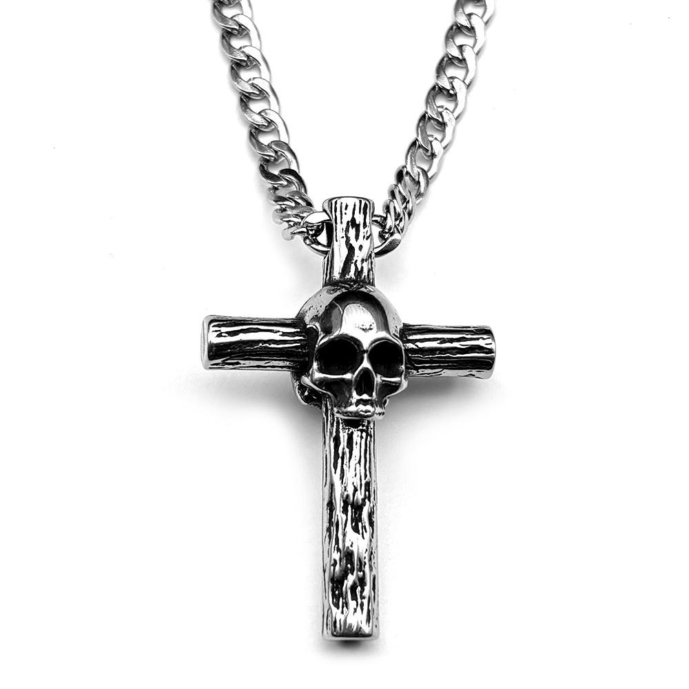 Gothic Stainless Steel Skull Wood Textured Cross Pendant Necklace For Men Women Punk Hip Hop Silver Color Chain Party Jewelry