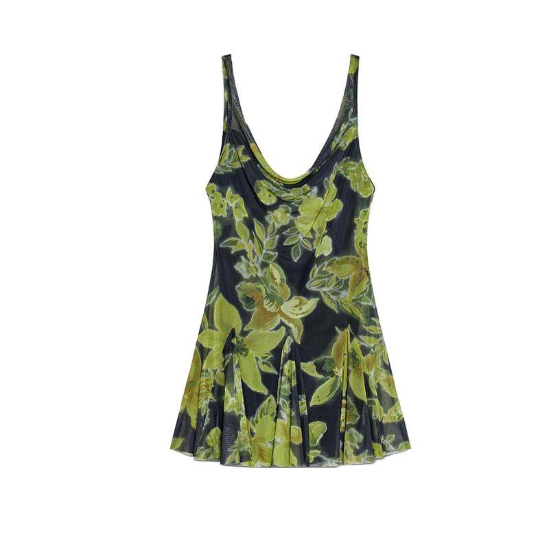Summer New Product Women's Clothes Fashion Pleated Collar Patchwork Lining Print Silk Net Short Dress 5039133
