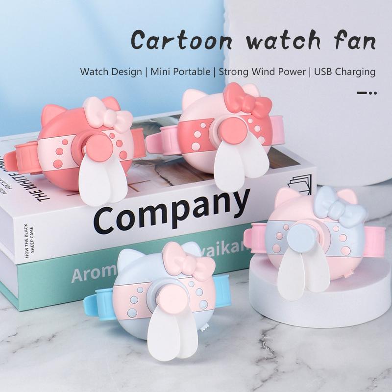 Kawaii Cartoon Kt Cat Wrist Fan Summer Rechargeable Student Children Portable Watch Small Fan Wind Force Usb Fan Kids Gifts