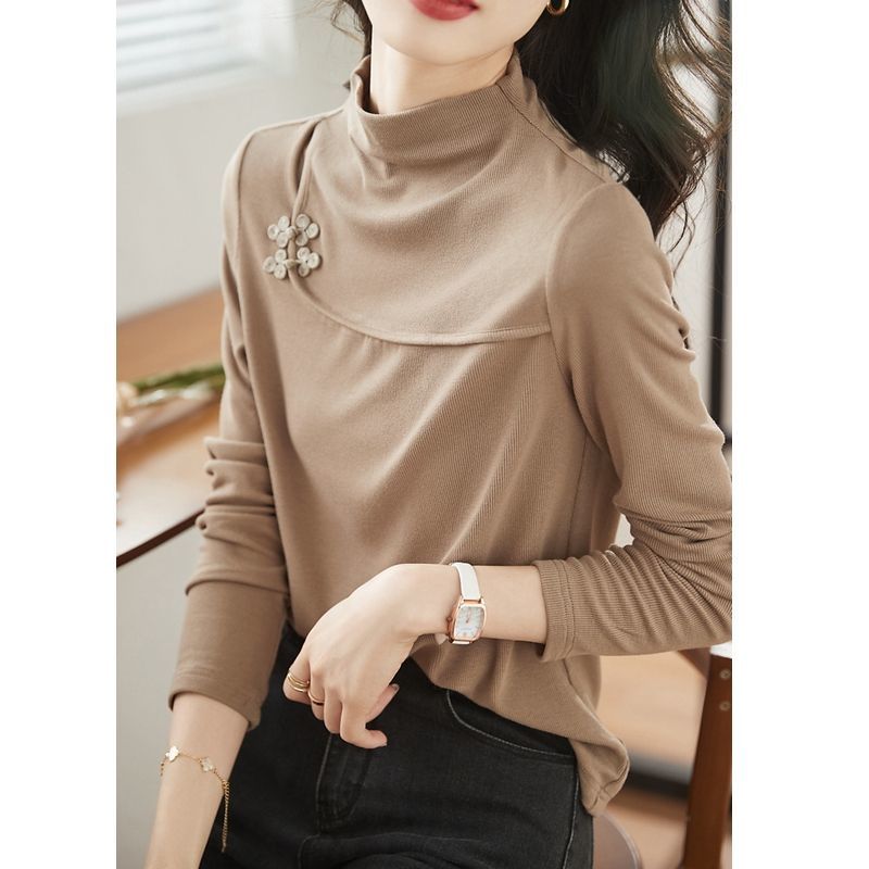 Mode Lässig Skinny Einfarbig Patchwork Halboher Kragen Knopf Gerade T-Shirts Unterzieh-Temperament Damenbekleidung