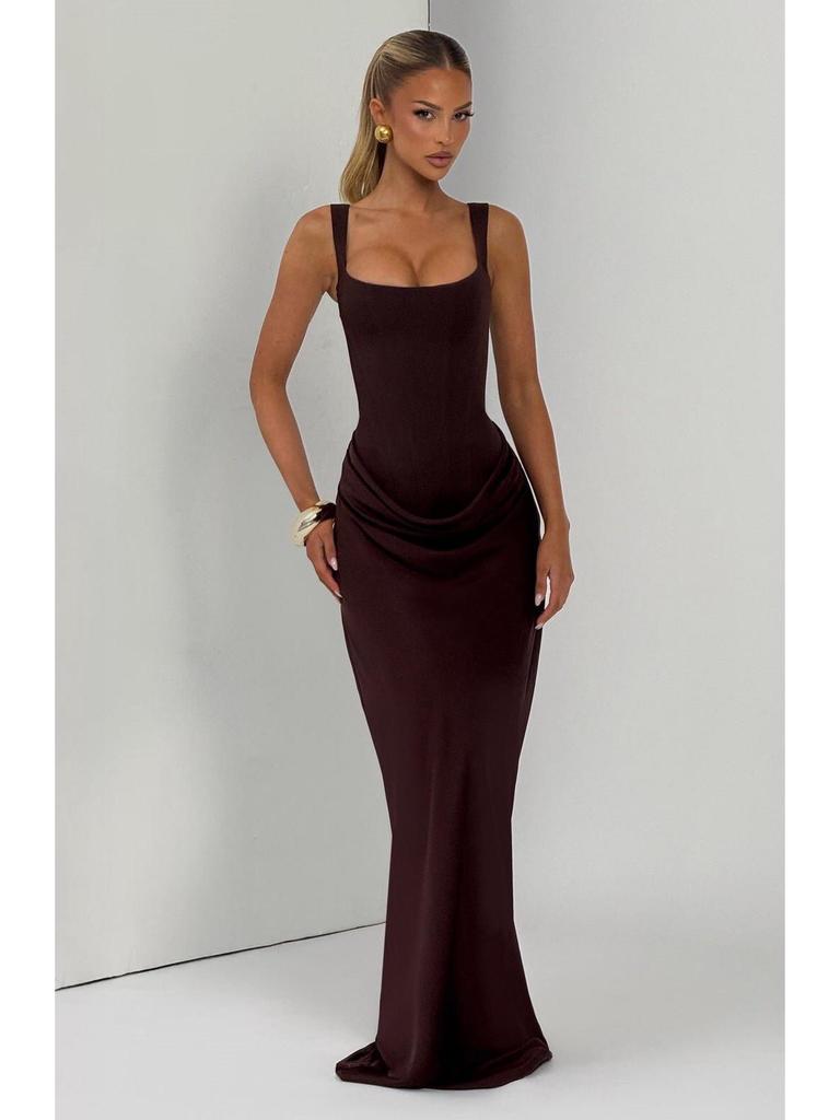 Women's Spring Slim Fishbone Strappy Long Dress - Solid Color Hip-Hugging Design