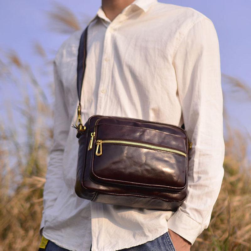 Men's Genuine Leather Crossbody Shoulder Bag, Retro Korean Style, Versatile for Women, New Trend.