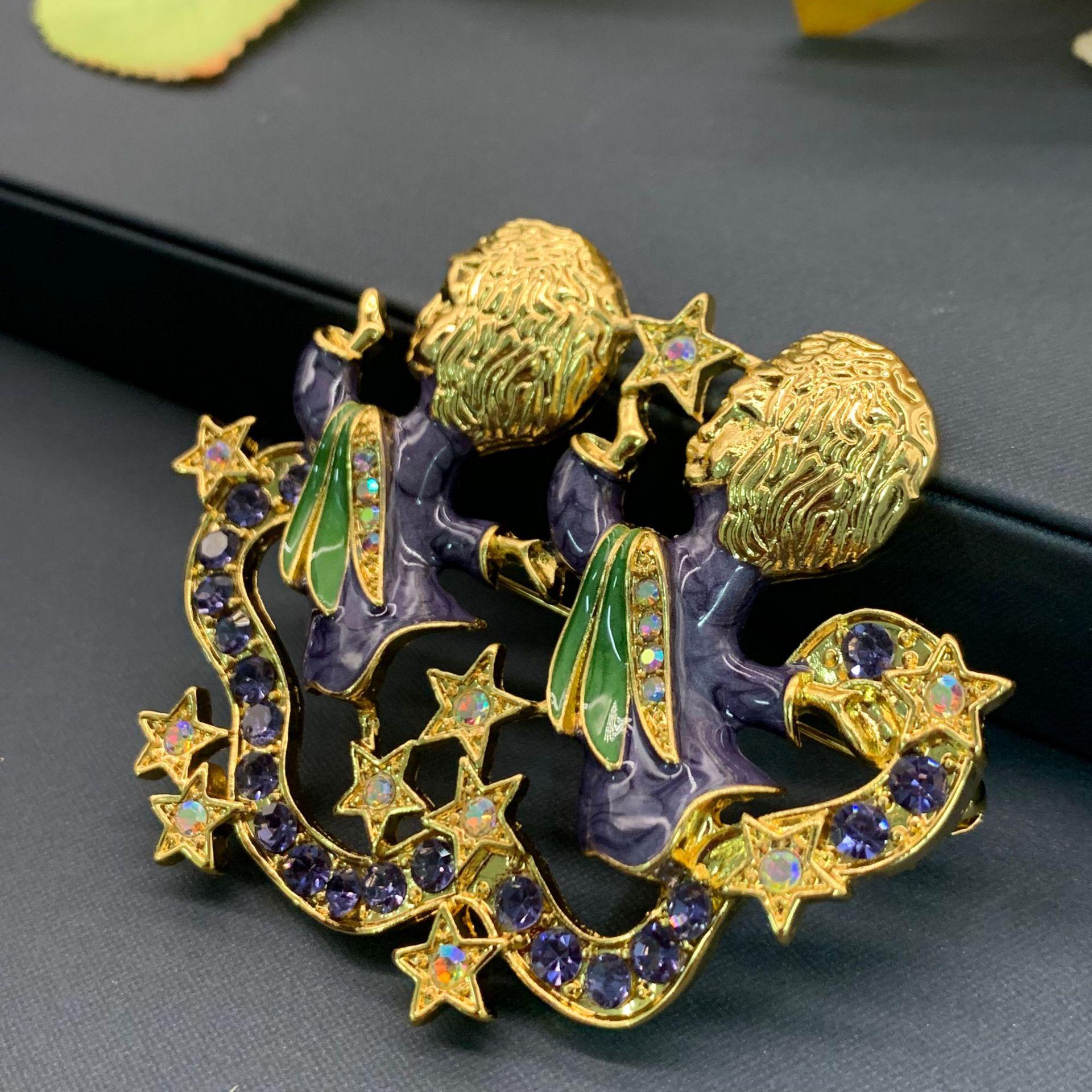 

Винтажные Классические Средневековые Двойные Броши Ангел Звезда Кристалл для Женщин Мужчин Винтажные Ретро Эмаль Дворцовые Сверкающие Ювелирные Булавки