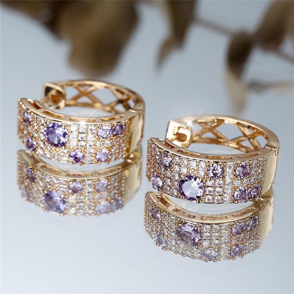 Lindos Pendientes de Aro Redondos de Zirconia Blanca y Morada para Mujer, Joyería de Boda Simple de Color Plateado Vintage para Mujer