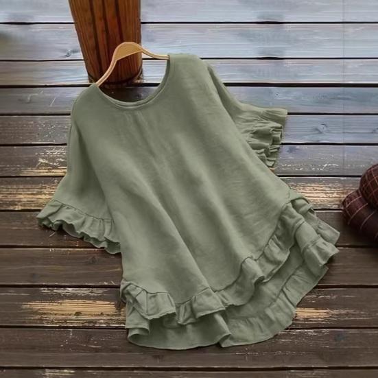 Women Tops Round Neck Short Sleeve Loose Fit Pullover Tops Pure Color Ruffle Hem