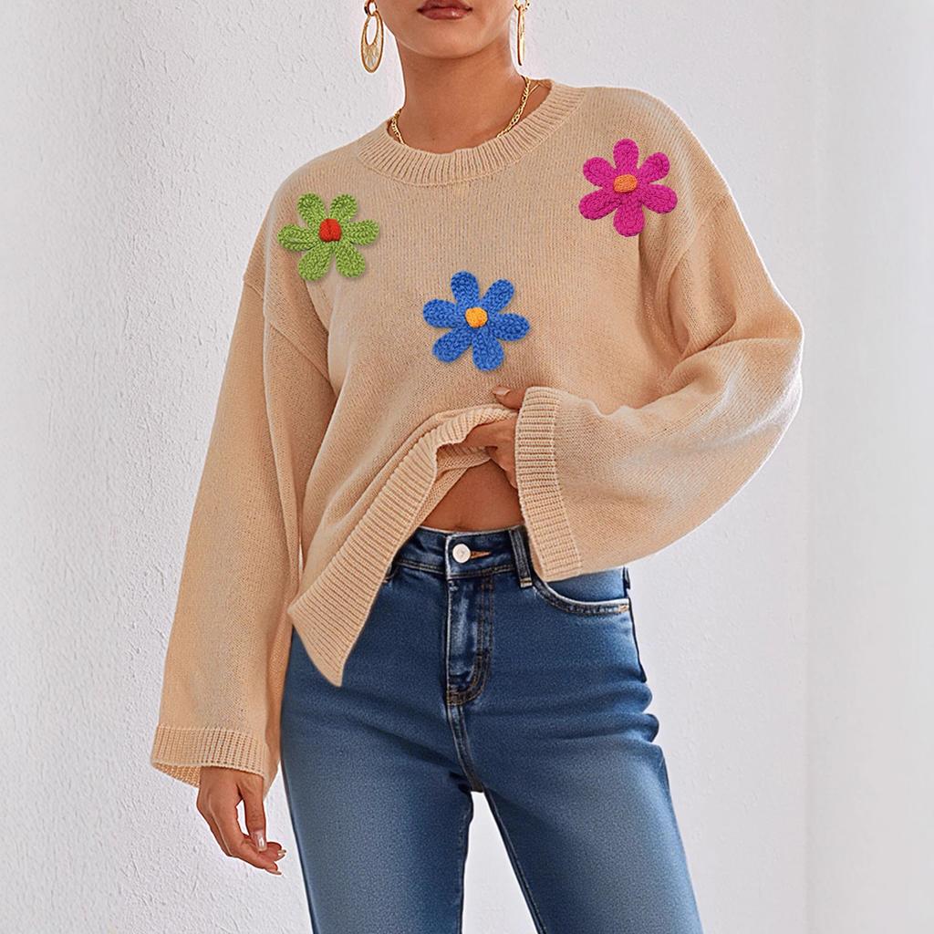 Three-dimensional Colorful Flower Patchwork Autumn and Winter Loose, Comfortable and Casual Long-sleeved Top, Round-neck Pullover Sweater for Women
