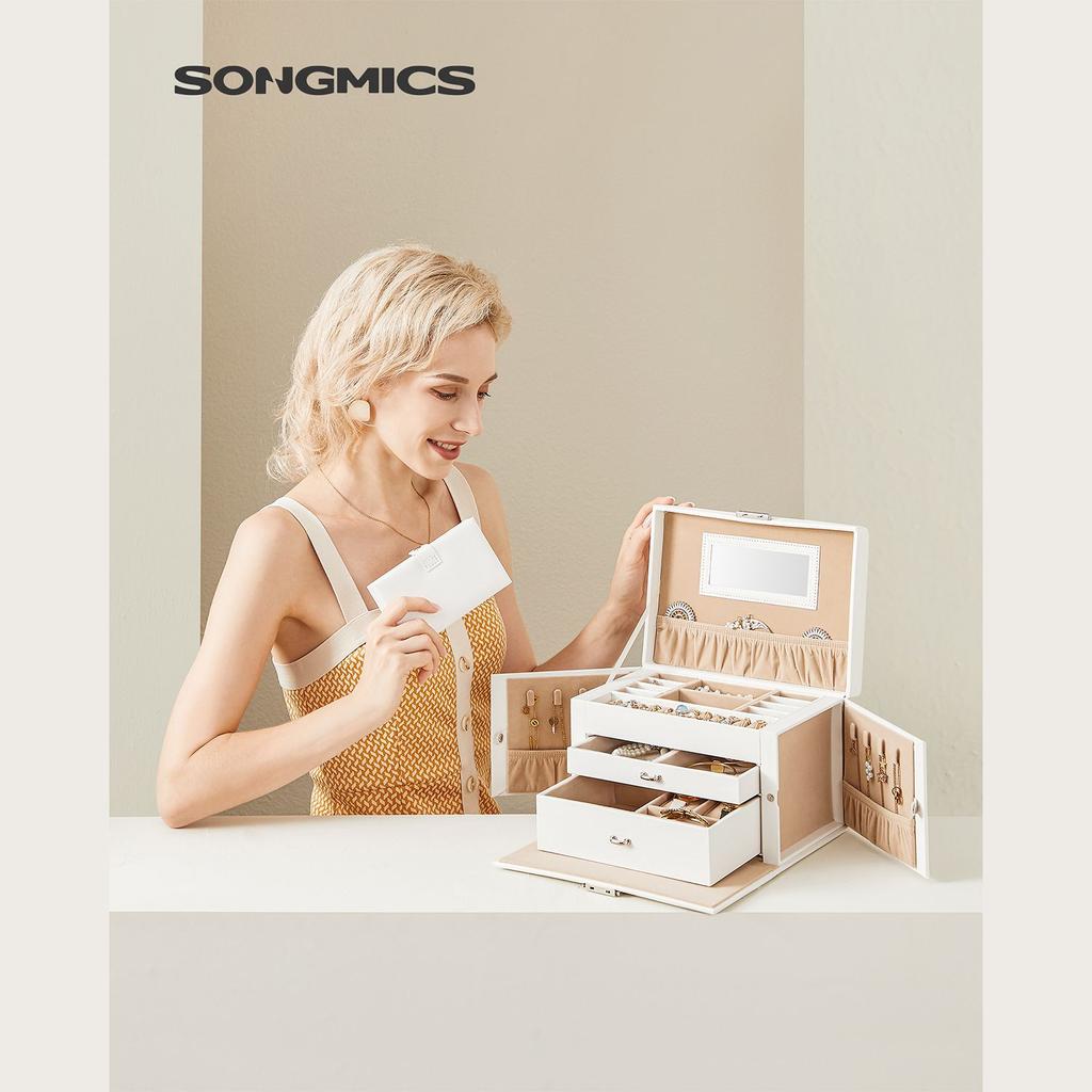 SONGMICS Jewellery Box, Organiser with 2 Drawers, Lockable Case with Mirror, Portable Travel Case, for Rings, Bracelets, Earrings, Necklaces