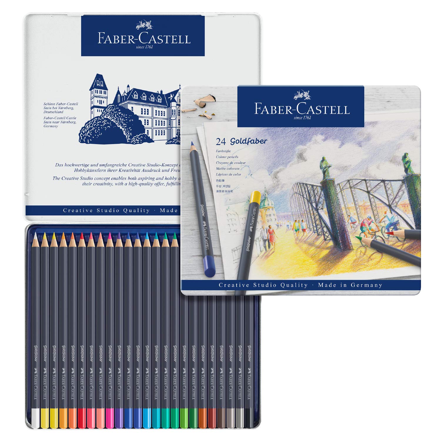 Gold Faber colored pencil tin 24 Faber-Castell set, pencils.