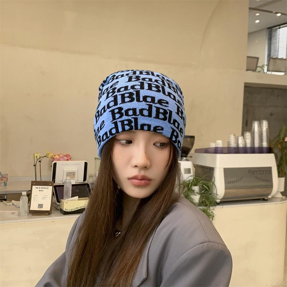 Niche street trendy brand personalized letter wool hat women's versatile pullover cold hat knitted melon fur hat men