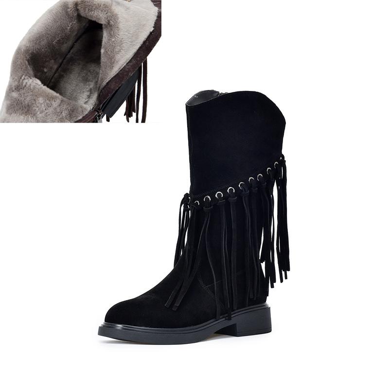 

Johnature Retro Genuine Leather Mid-calf Boots Fashionable Versatile Mid Heeled Women s Tassel Boots 40-Plush чёрный