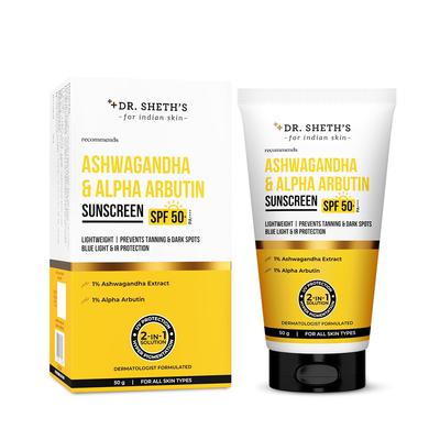 Dr. Protetor Solar Sheth's Ashwagandha Alfa Arbutin SPF 50+ PA++++ 50g Proteção Anti Bronzeamento Manchas Escuras