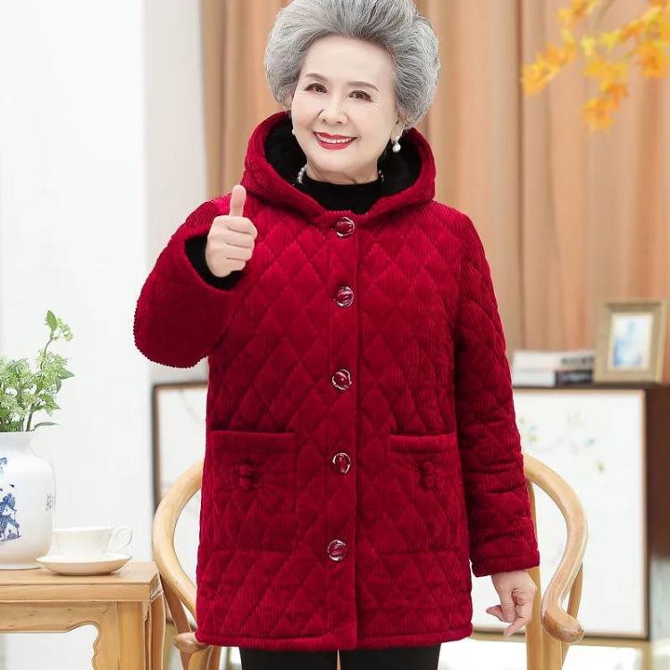 Winter Warm Corduroy Cotton Jacket Women Hooded Solid Temperament Tops Middle Age Mom