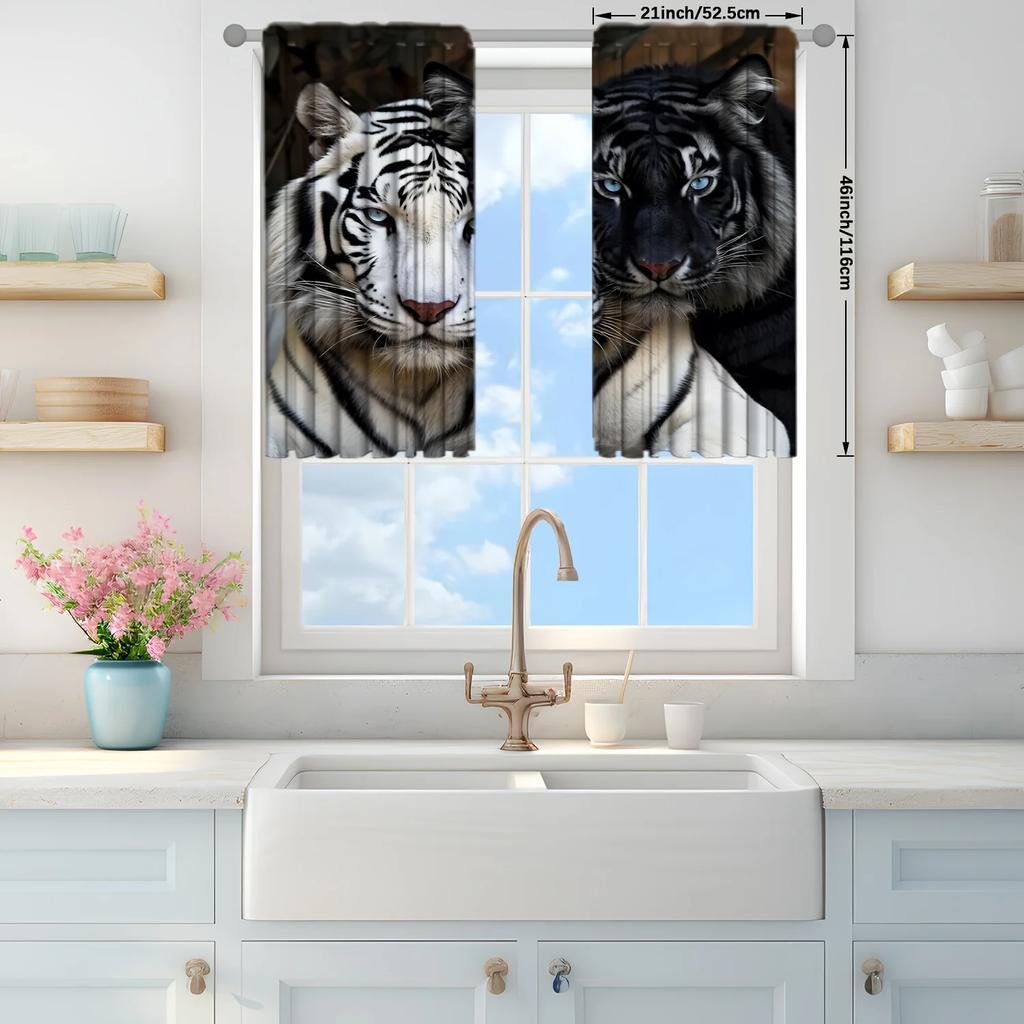 2pcs White Tiger Black Tiger Style Printed Curtain for Home Decor - Rod Pocket Window Treatment for Bedroom, Office and Kitchen