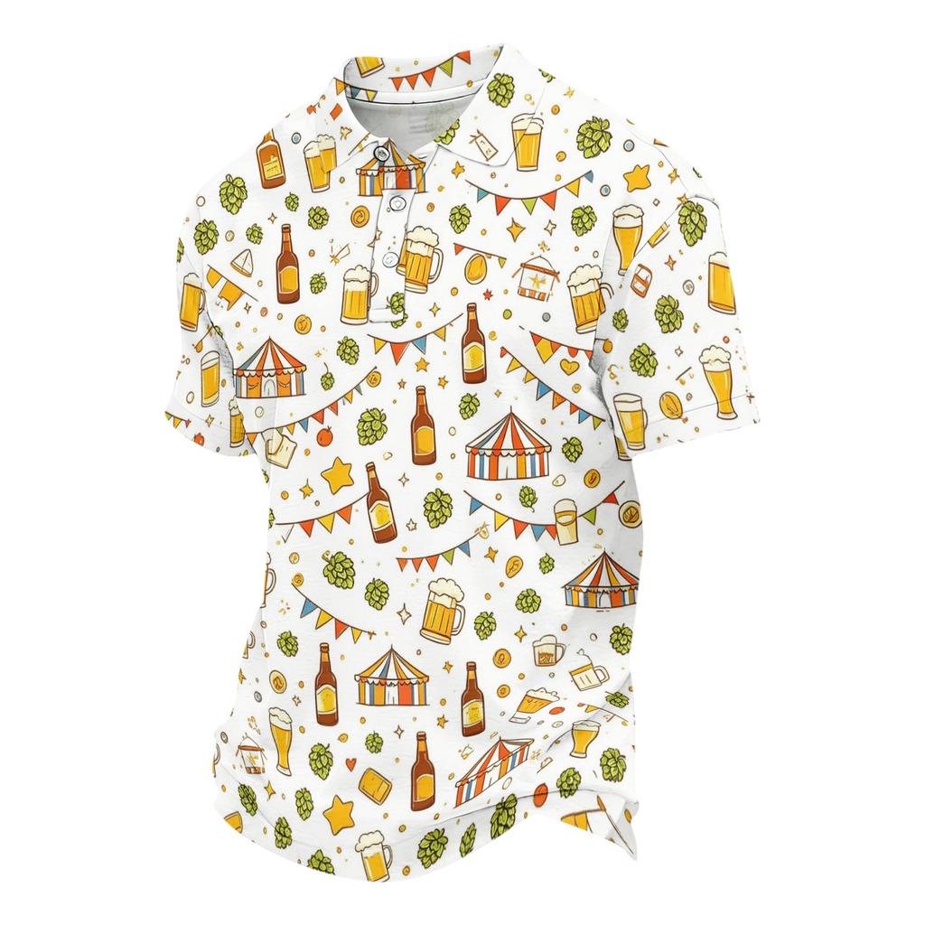 Unisex ležérní polo tričko volného střihu s krátkým rukávem a vzorem inspirovaným pivním festivalem. Lehké prodyšné látky pro každodenní nošení.