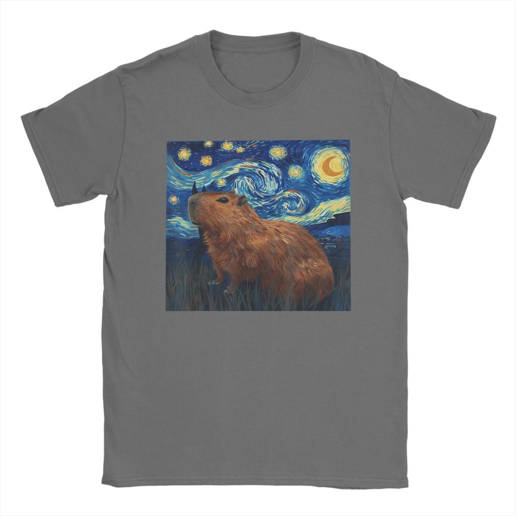 Fashion Capybara Van Gogh Style Starry Night T-Shirts Men Crew Neck 100% Cotton T Shirt  Short Sleeve Tee Shirt Summer Tops