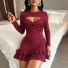 Autumn Winter Casual Slim Elasticity Ruffles Dresses Sexy Hollow Out Elegant Hip Wrap O-neck Long-sleeve Solid Mini Dress Female