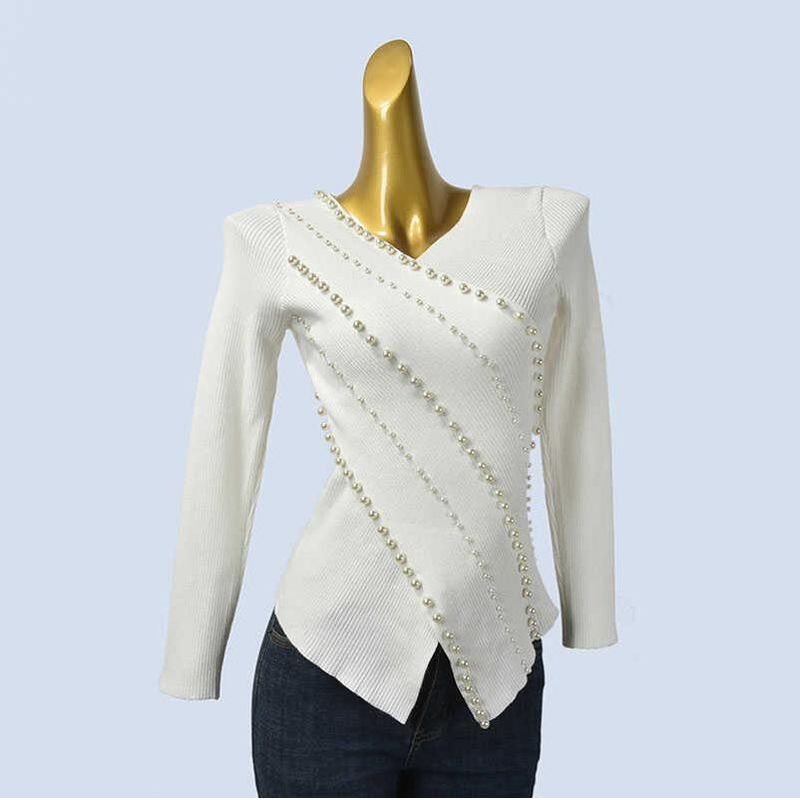 Fall and Winter New V-neck Bead Long Sleeve Pullover Knitwear Sexy Asymmetrical Cross Bottoming Shirt Tops