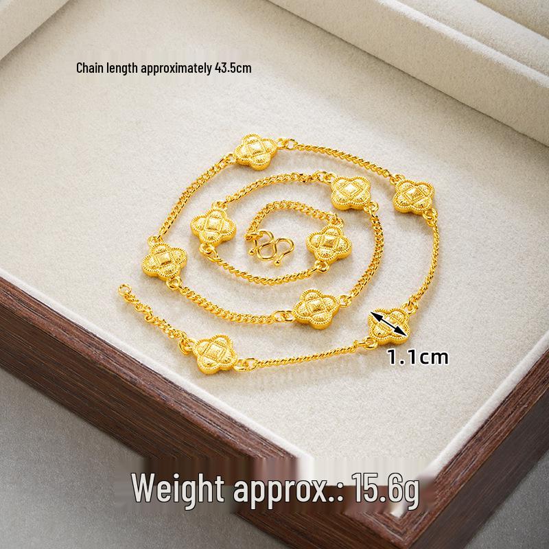Vietnam Gold-Plated Clover Necklace, Ring & Five-Flower Bracelet Set
