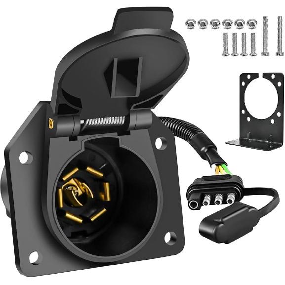 4 Pin to 7 Pin Trailer Adapter, 7 Way Round to 4 Way Flat Trailer Light Plug Ada
