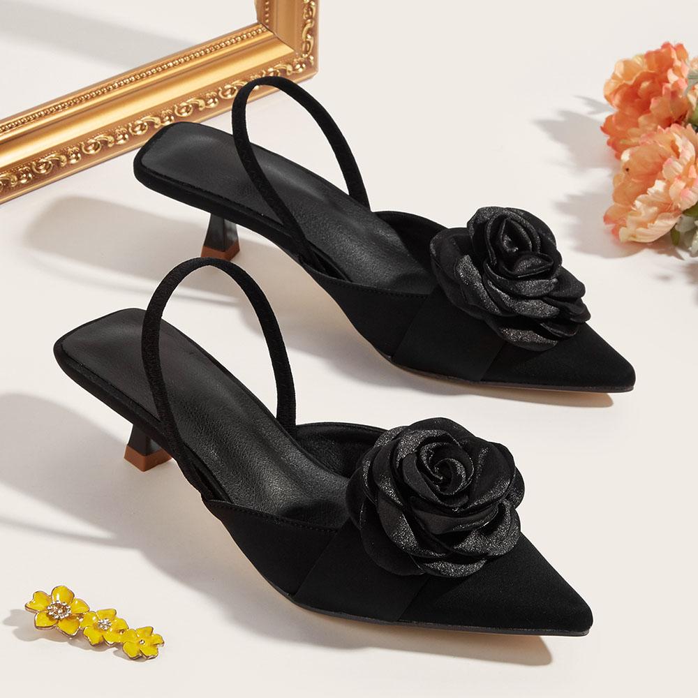 Flower Pointed Toe High Heels Women Pump Sandals Silk Kitten Heels Elegant Office Lady Sexy Party Sandals Big Size 43
