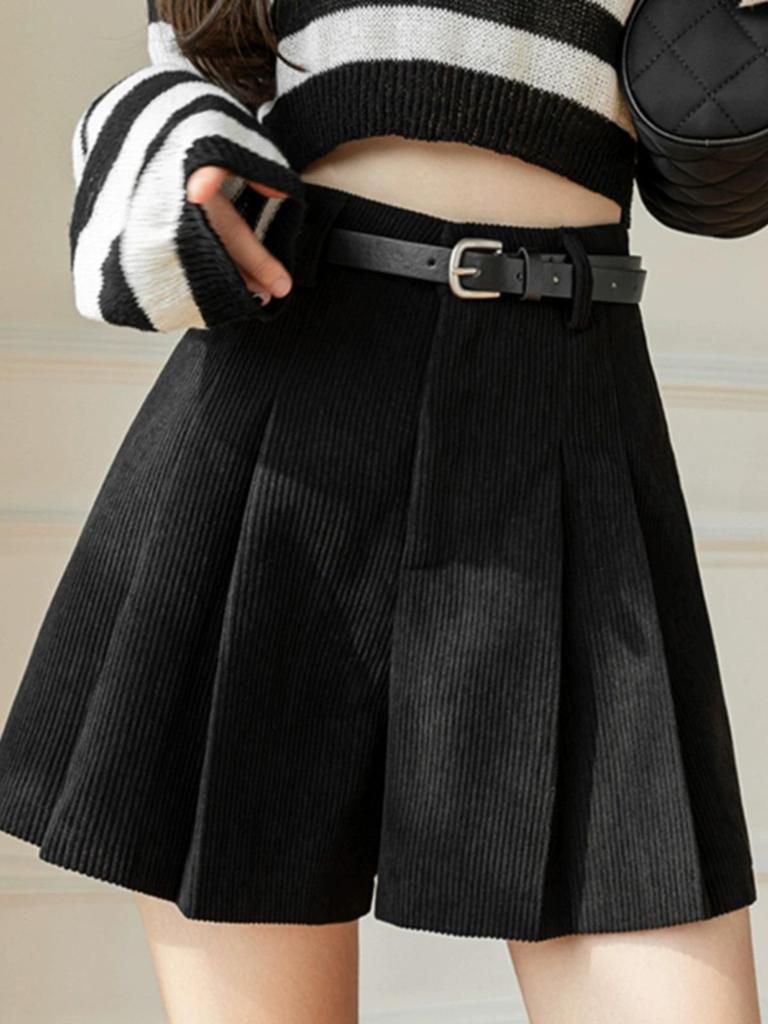 Women's High Waist Corduroy A-line Pleated Culottes Winter Shorts 2024