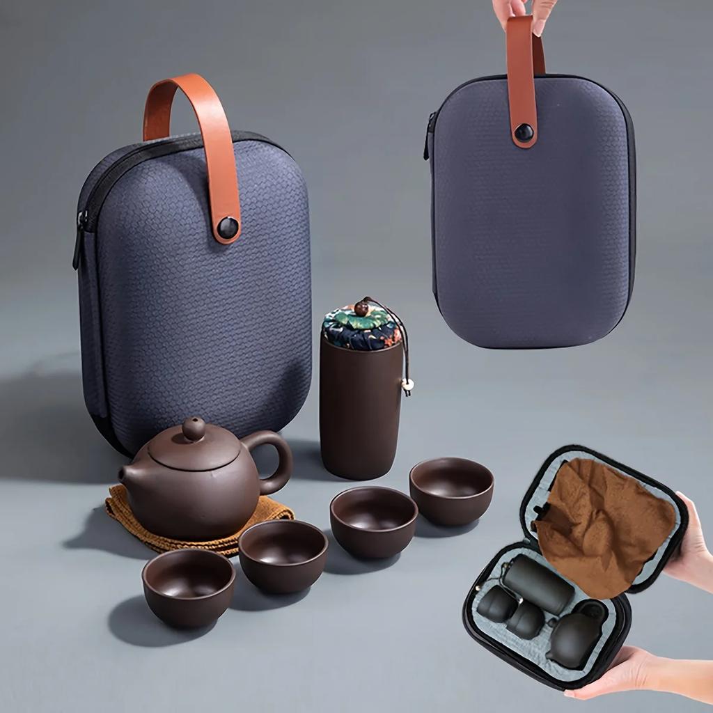 1 Set Travel Tea Set Portable Kung Fu Tea Set Ceramic Teapot Tea Canister Tea Cup Outdoor Quick Cup Tea Canister Leather Bag