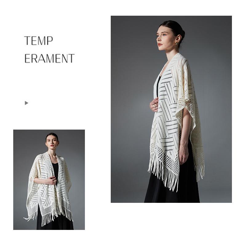 Hot-Selling Knit Shawl: Spring Summer Autumn, Hollow Design, Tassel Trim, Solid Color, Lightweight for European & American Styles.