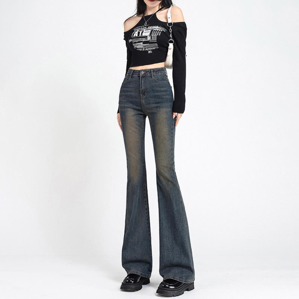 Neutral sweet and spicy washed micro-flared jeans spring and autumn new fashionable versatile horseshoe micro-pulled jeans