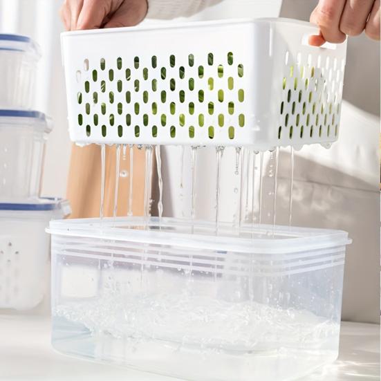 Food Storage Container with Drain Basket BPA Free Large Capacity Leak Resistant Fridge Vegetable Organizer Box