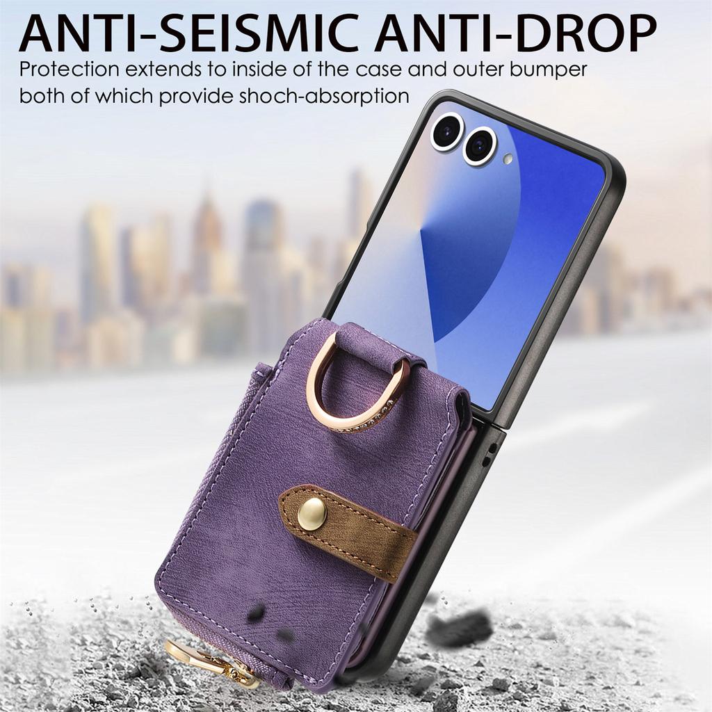 Fashion Zipper Ring Holder Cards Solt Wallet Leather Case for Samsung Galaxy Z Flip 8 7 6 5 4 3 Shockproof Portable Slim Cover