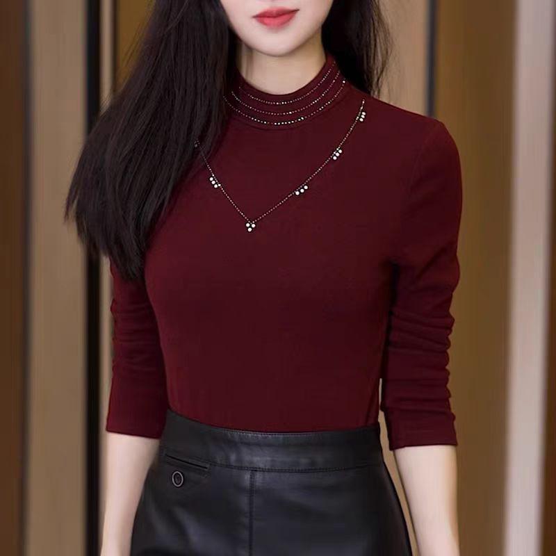 Elegant Rhinestone Long-Sleeve Turtleneck Top for Middle-Aged Women M вино красного