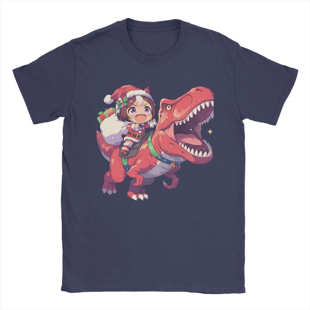 Special Week Santa Riding T-Rex T Shirt Men's  Cotton Casual T-Shirt Crewneck Uma Musume Pretty Derby Anime Tees Short Sleeve