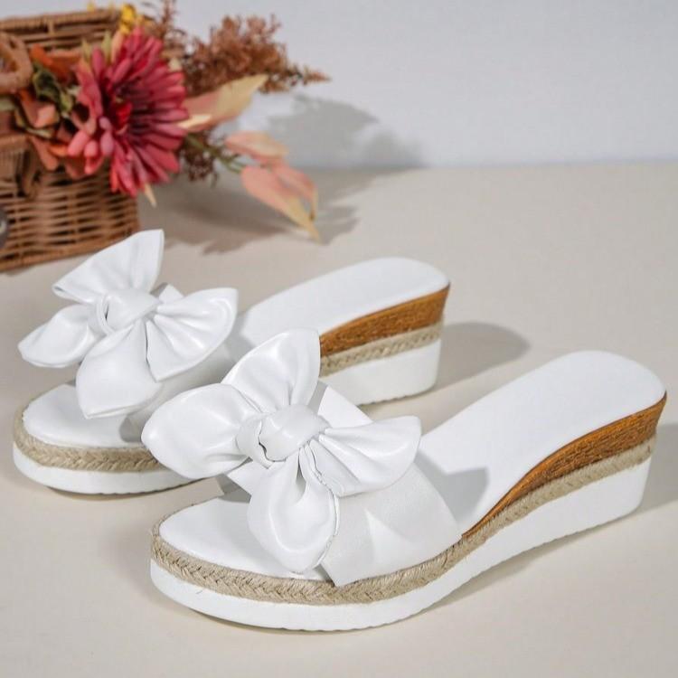 Fashion Slippers Women Slides Beach Wedges Mid Heels Butterfly knot Shoes Women Solid Leather Platform Summer Shoes Plus Size