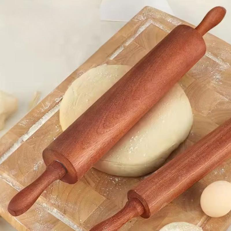 Wooden Rolling Pin with Handles, Classic Dough Roller for Baking, 40x4.5cm
