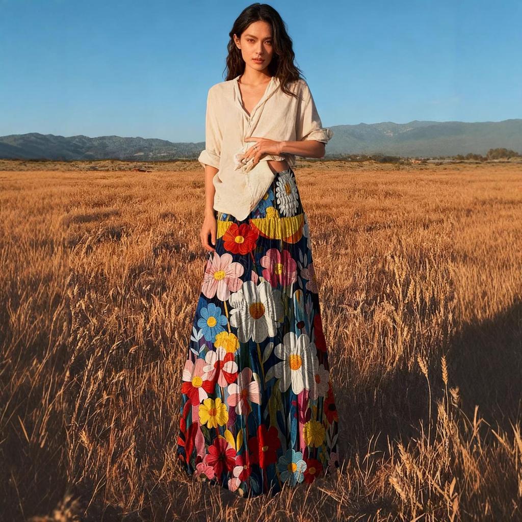 European & American Women's Floral Bohemian Half Skirt with Wide Hem & Elastic Waist