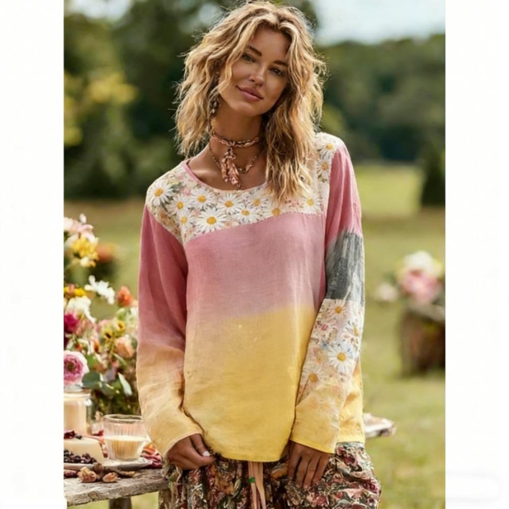 Spring Women's T-shirt Europe America Fashion Floral Print Pullover Bohe Style Women Long Sleeve T-shirt Outdoor Casual Tees Top