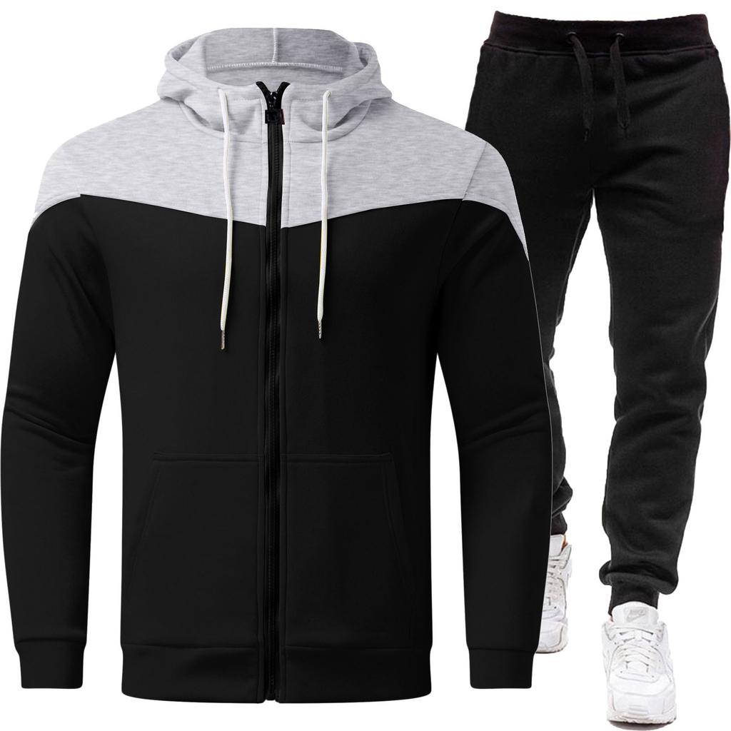 Cross Border Contrasting Sweatshirt Jacket+zipper Cardigan Hooded Men's Suit Casual Fashion Men's Long Sleeved Sports