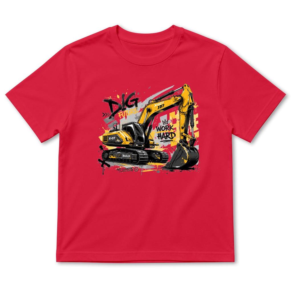 Summer Boys' Cartoon Excavator Cotton T-Shirt, Short Sleeve, Breathable Casual Layer