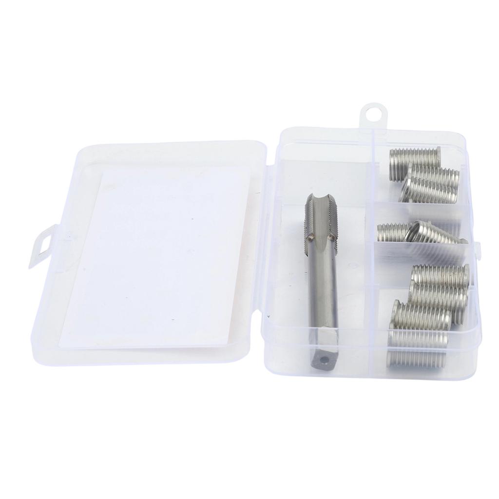 11pcs M10X1.25 Thread Repair Kit with Precision Cut Tap and Galvanized Stainless Steel Inserts for Fixing Damaged Threads