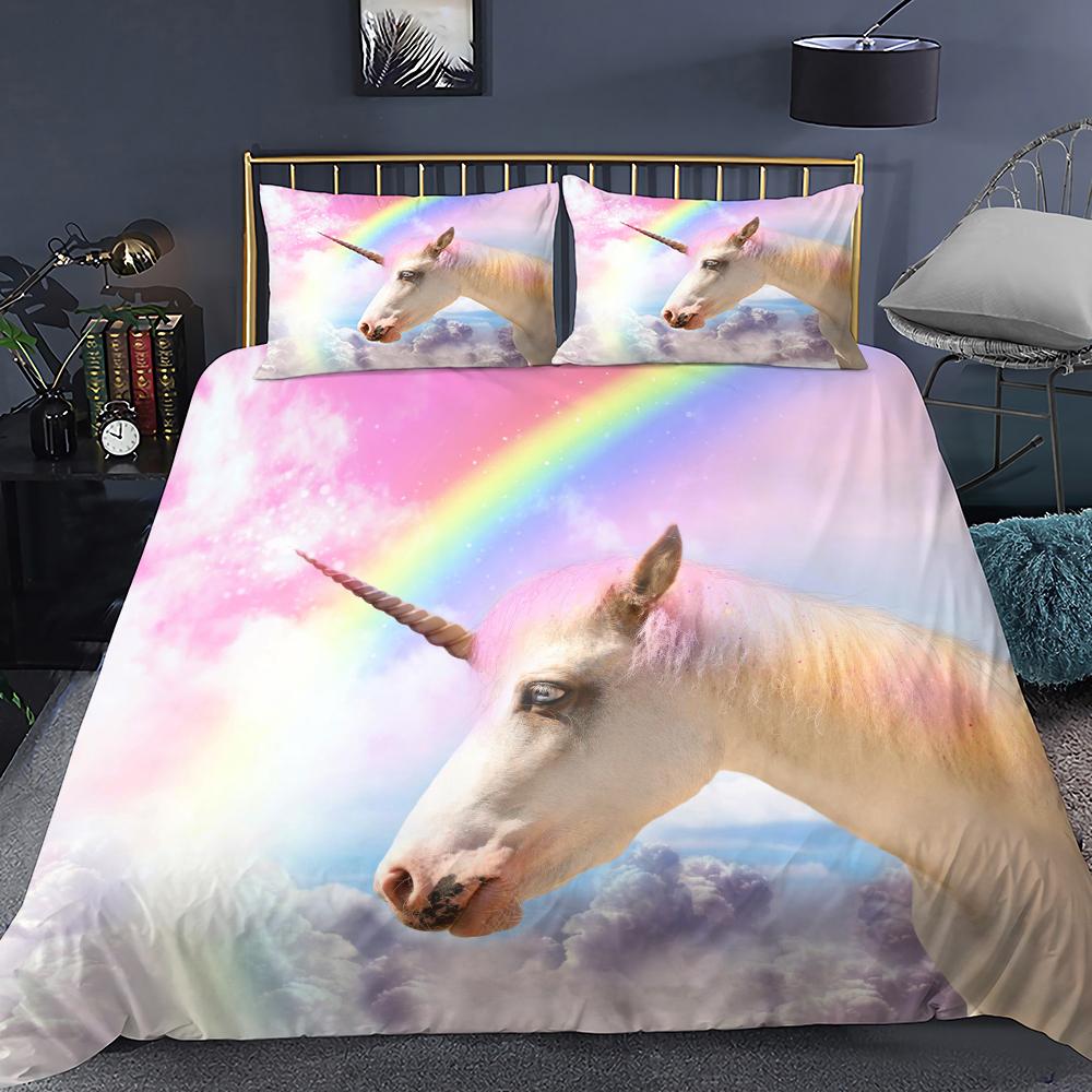 Unicorn Duvet Cover Purple Pink Cartoon Dream Comforter Cover Set Women Stars Rainbow Rhinestone Bedding Set For Teenage Girls