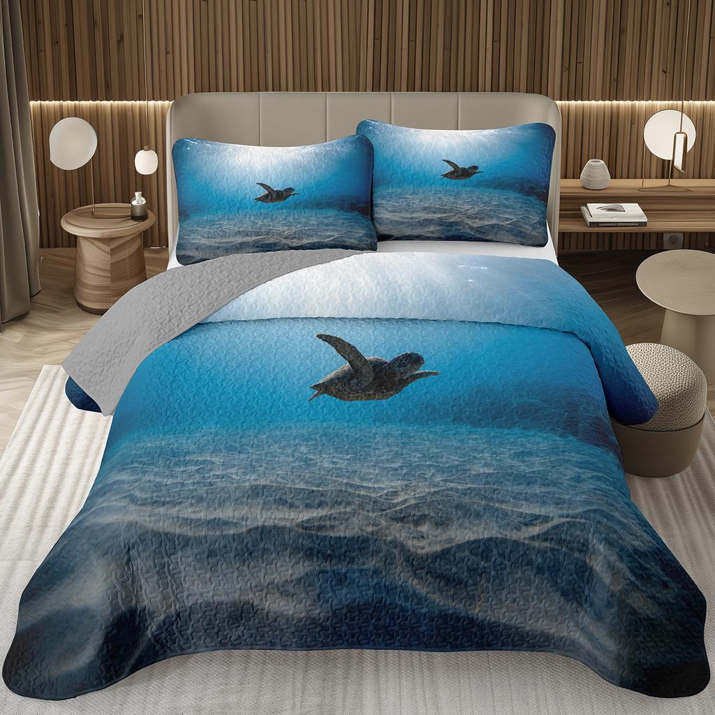 Sea Turtle Bedspread Queen Twin Underwater World Ocean Animal Coverlet Reptile Tortoise Print Quilted Bedding Set for Kids Adult
