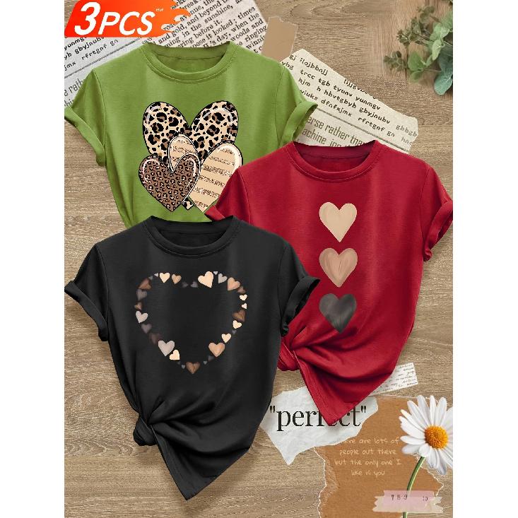3 Women's Heart-shaped Print Item T Shirt Casual Round Neck Short Sleeve Top With Perfect Aphorism Leopard Print and Heart-shaped