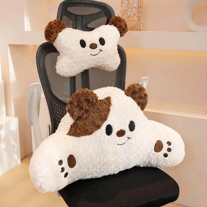 Cartoon Puppy Car Headrest & Black Cat Lumbar Support Plush Neck Pillow Neck Pillow 33*25cm
