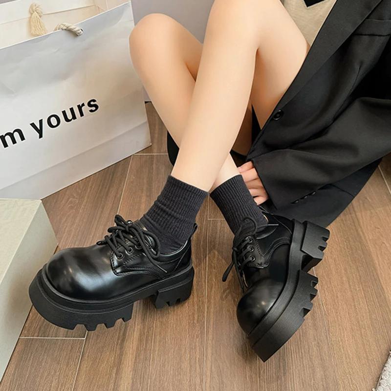 2024 Autumn New Thick Soled Women Pumps Shoes Women's Height Increasing Black Loafers Fashion Lace Up Chunky Middle Heel Zapato
