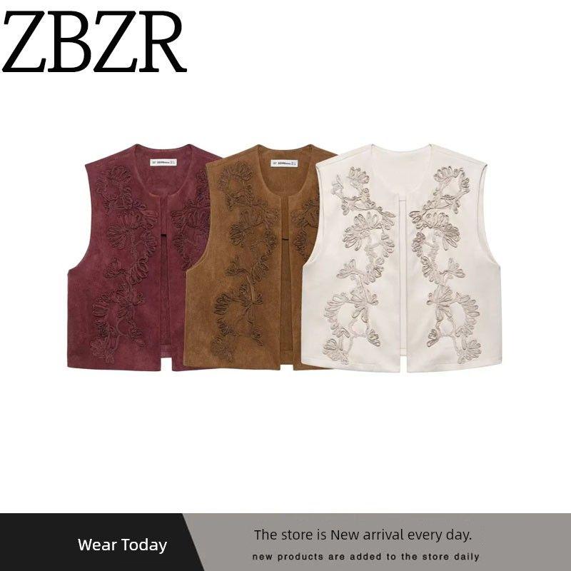 Za Export New Arrival Women's Clothing ZR Fashion Style Embroider Suede Texture Round Neck Vest Jacket 4344150